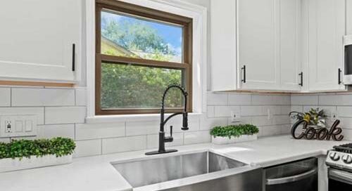Before and after kitchen remodel in Katy TX showing open-concept design, quartz island, and custom cabinetry.