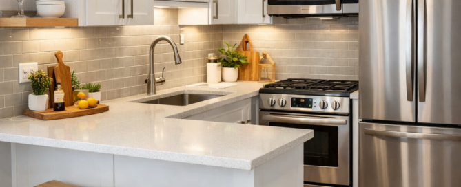Small kitchen remodel design with white cabinets, compact island, open shelving, and space-saving appliances in a modern home.”