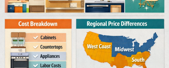 Infographic showing how much a 10x10 kitchen remodel costs in the U.S., including budget, mid-range, and high-end cost ranges, cost breakdown, regional price differences, hidden expenses, and ROI.
