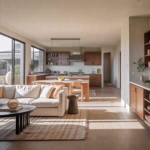 “Completed whole home remodeling showing a bright, modern living space with updated kitchen and flooring.”