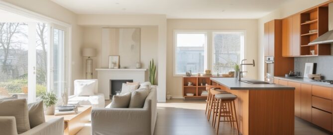 “Whole home remodeling featuring a modern open-concept living room, kitchen, and dining area with natural light.”