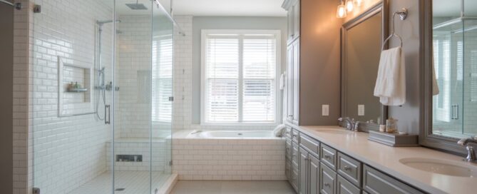 Modern luxury master bathroom remodel in Missouri City TX featuring frameless walk-in shower, dual sink vanity, and contemporary fixtures