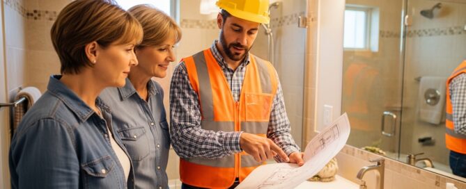 Licensed bathroom contractor in hard hat reviewing renovation plans with homeowners in their bathroom