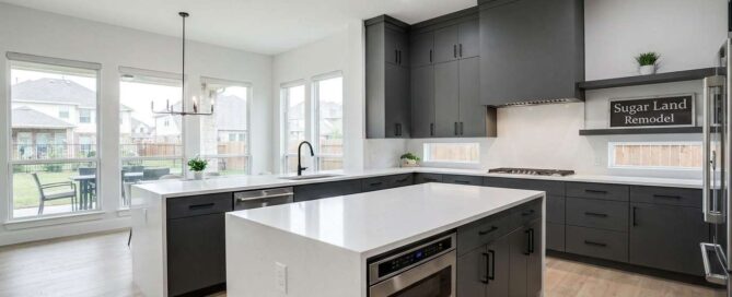 flat panel kitchen cabinets dark grey modern finish Sugar Land remodel