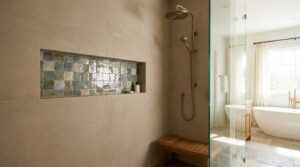 walk-in shower tile ideas with 24x48 matte porcelain walls and hex mosaic floor installed by Your Dream Remodeling in Katy TX 