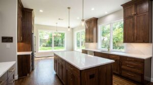 rustic kitchen cabinets with distressed wood finish Richmond Texas home renovation 