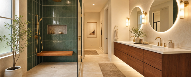 2026 bathroom remodeling trends in Bellaire TX with a green walk-in shower, warm finishes and smart storage