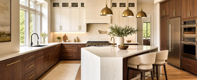 2026 kitchen remodeling trends in Sugar Land TX with warm wood cabinets and a functional kitchen island
