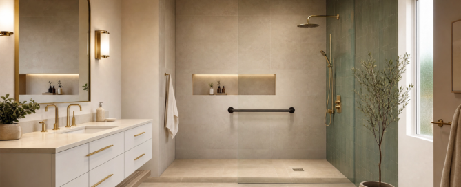 2026 bathroom remodeling trends in Houston TX with a modern walk-in shower, smart storage and warm finishes