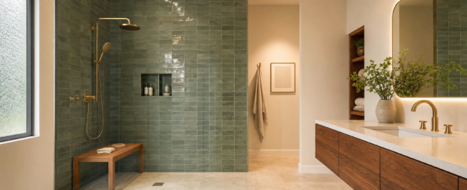 2026 bathroom remodeling trends in Katy TX with a spa-like walk-in shower, warm finishes and smart storage
