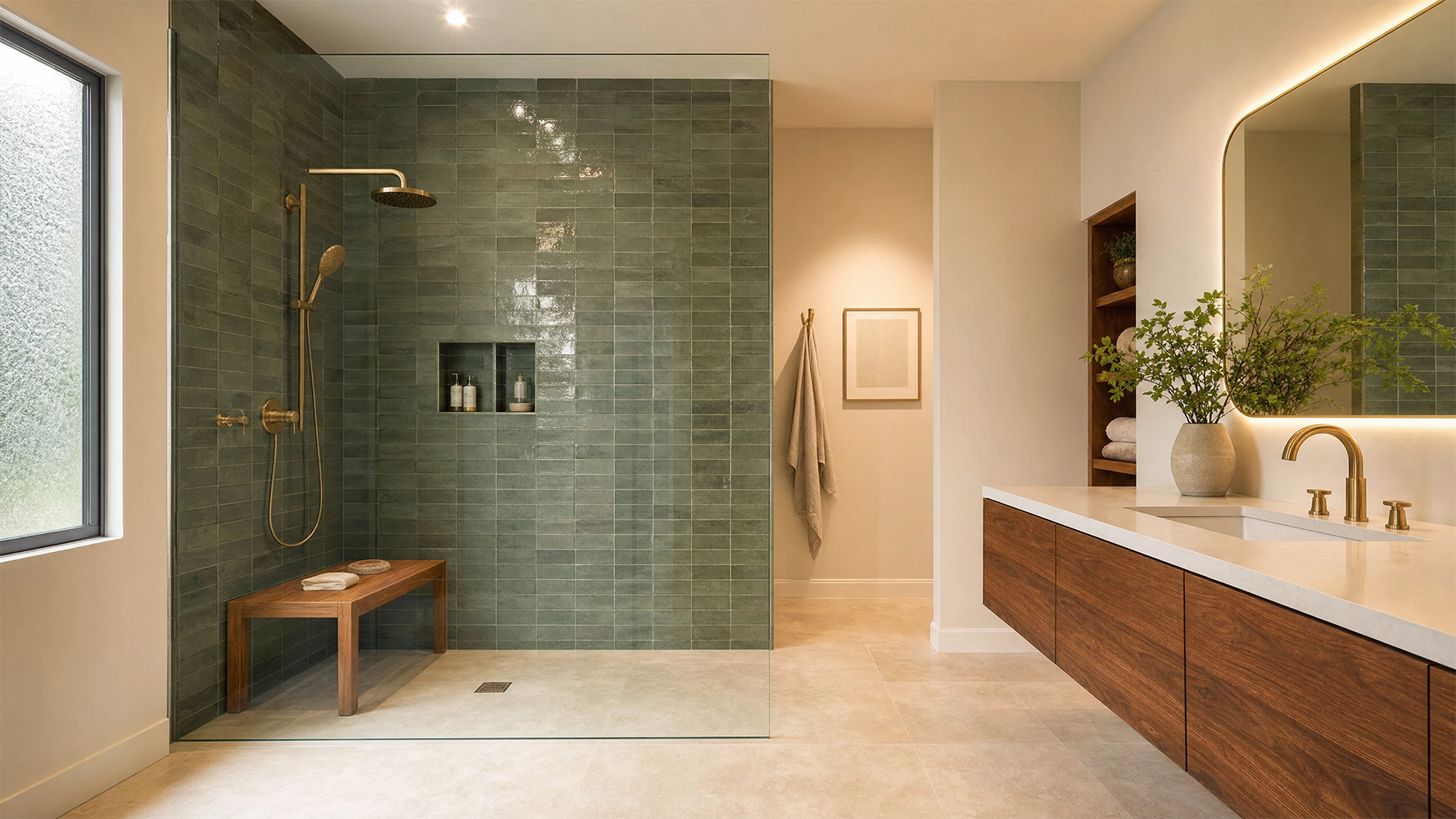 2026 bathroom remodeling trends in Katy TX with a spa-like walk-in shower, warm finishes and smart storage