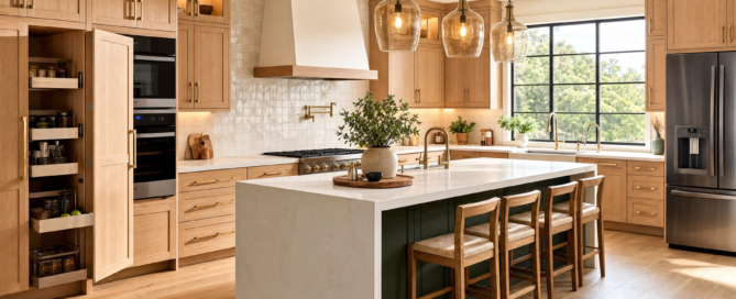2026 kitchen remodeling trends in Houston featuring warm wood cabinets, quartz countertops and a functional kitchen island