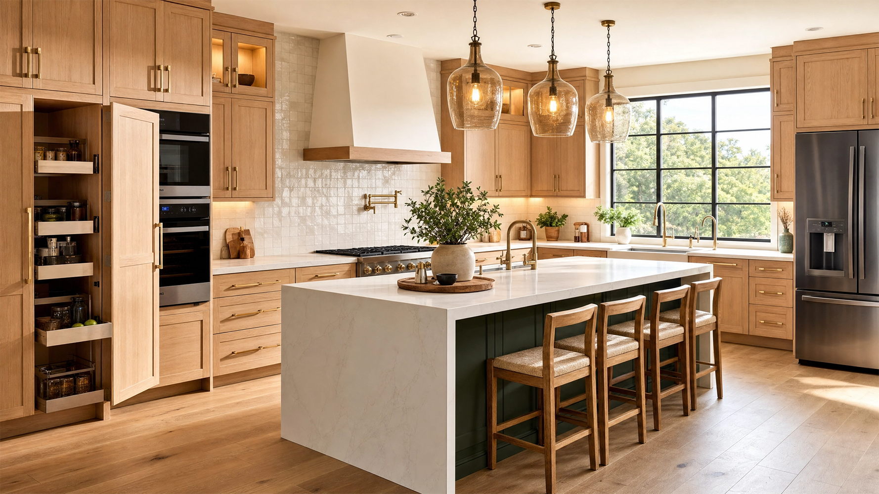 2026 kitchen remodeling trends in Houston featuring warm wood cabinets, quartz countertops and a functional kitchen island