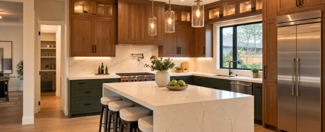 2026 kitchen remodeling trends in Katy TX with warm wood cabinets, smart storage and a large kitchen island