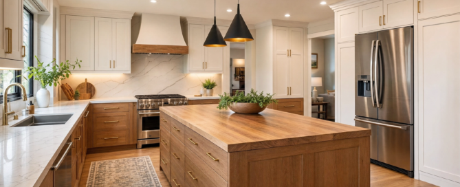 2026 kitchen remodeling trends in Missouri City TX with warm wood cabinets and a functional kitchen island