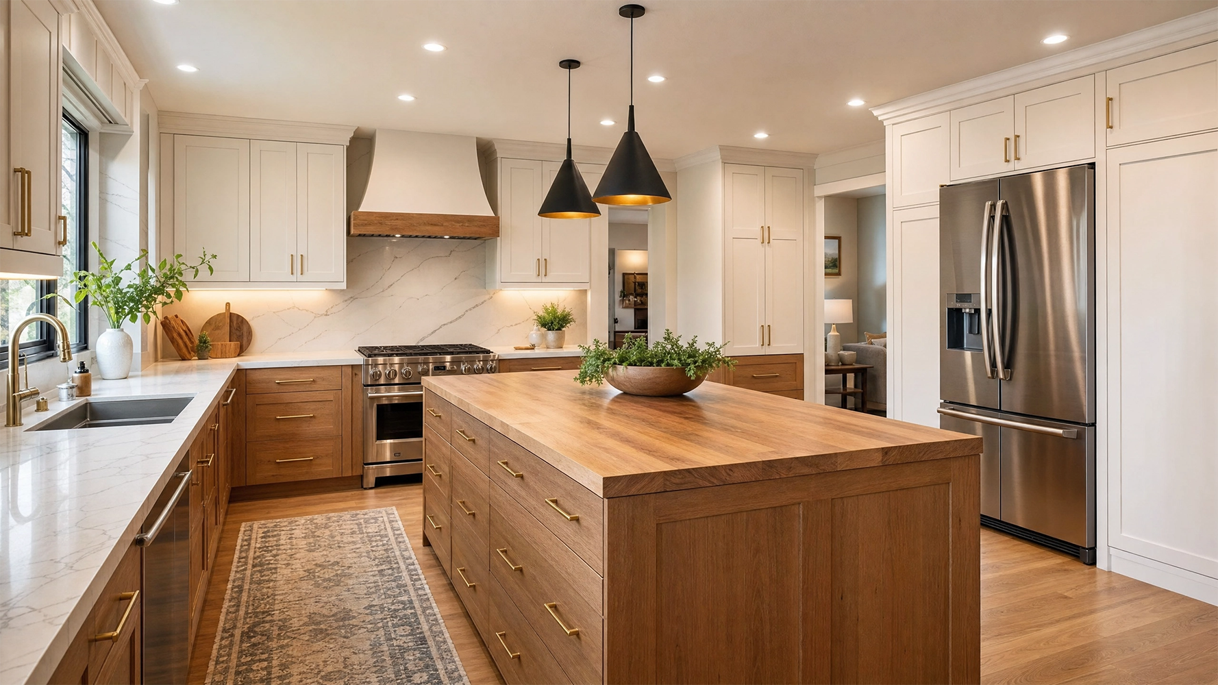 2026 kitchen remodeling trends in Missouri City TX with warm wood cabinets and a functional kitchen island