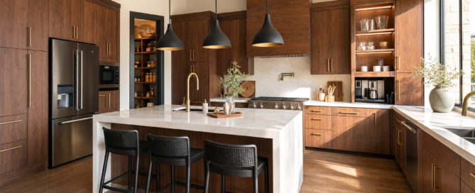 2026 kitchen remodeling trends in Richmond TX with warm wood cabinets, smart storage and a functional kitchen island