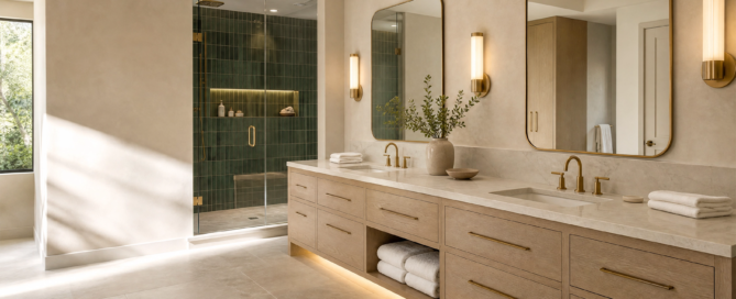 Houston TX bathroom remodel with double vanity, smart storage and walk-in shower