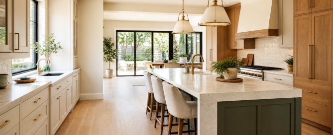 Houston TX kitchen remodel with a large island, natural light, warm finishes and family-friendly design