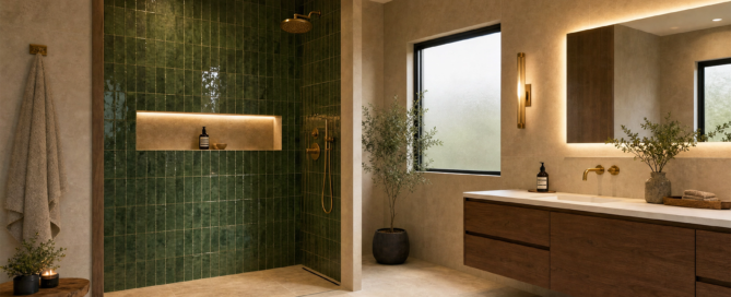 2026 bathroom remodeling trends in Richmond TX with a curbless walk-in shower, warm finishes and smart storage