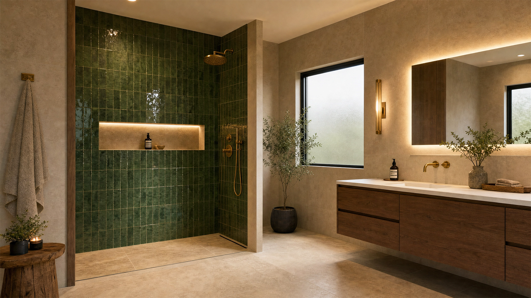 2026 bathroom remodeling trends in Richmond TX with a curbless walk-in shower, warm finishes and smart storage
