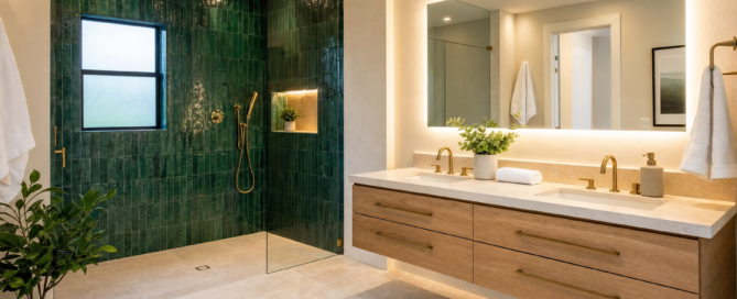2026 bathroom remodeling trends in Sugar Land TX with a curbless shower, warm finishes and smart storage