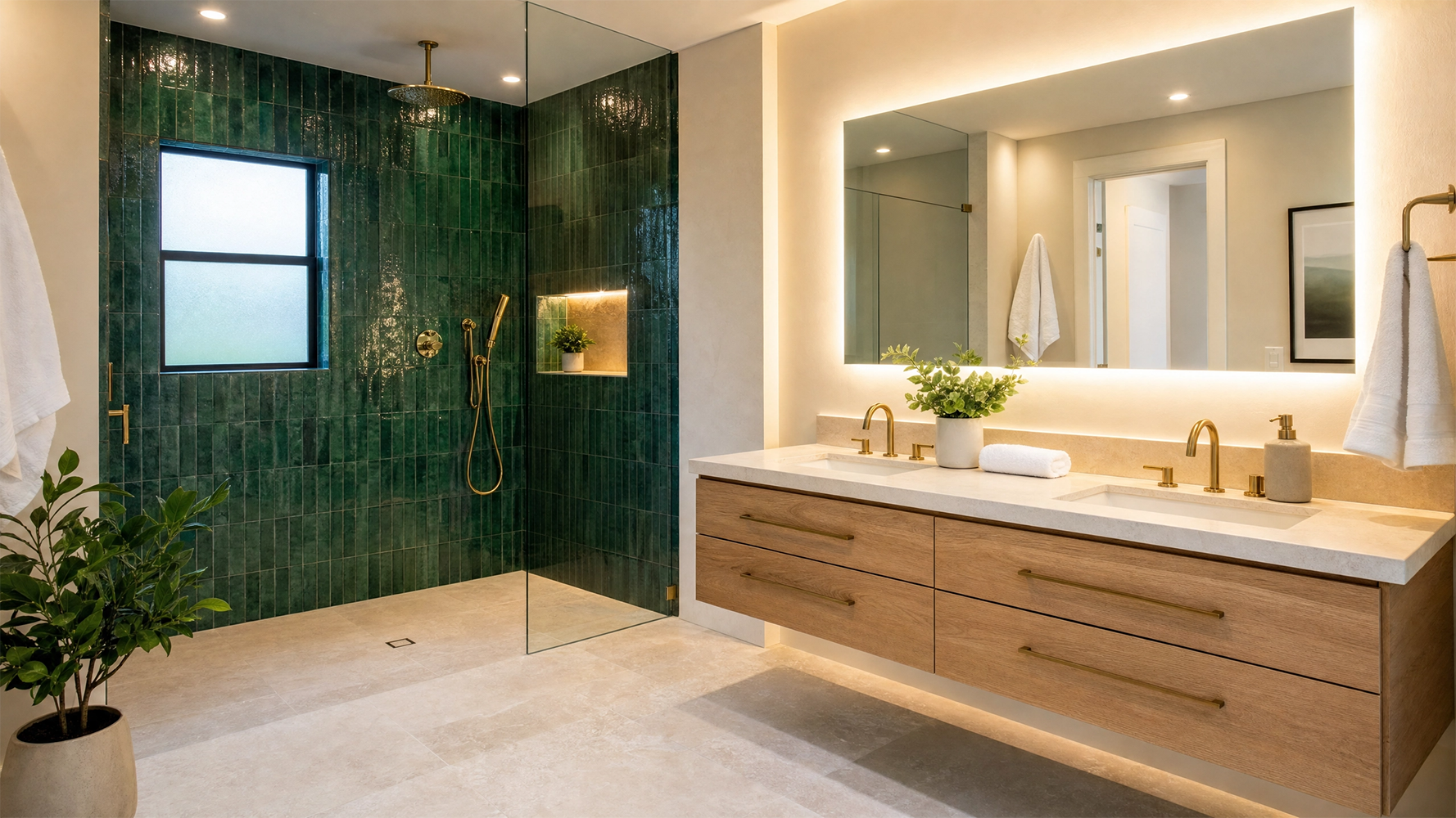 2026 bathroom remodeling trends in Sugar Land TX with a curbless shower, warm finishes and smart storage