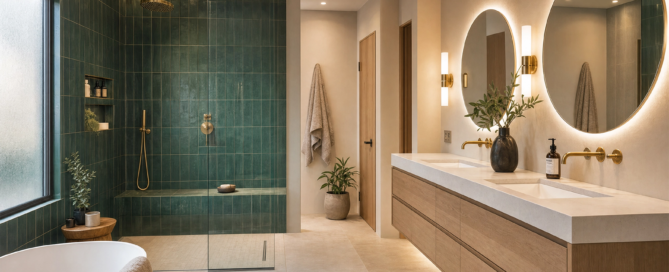 2026 bathroom remodeling trends in Cypress TX with a curbless shower, warm finishes and smart storage